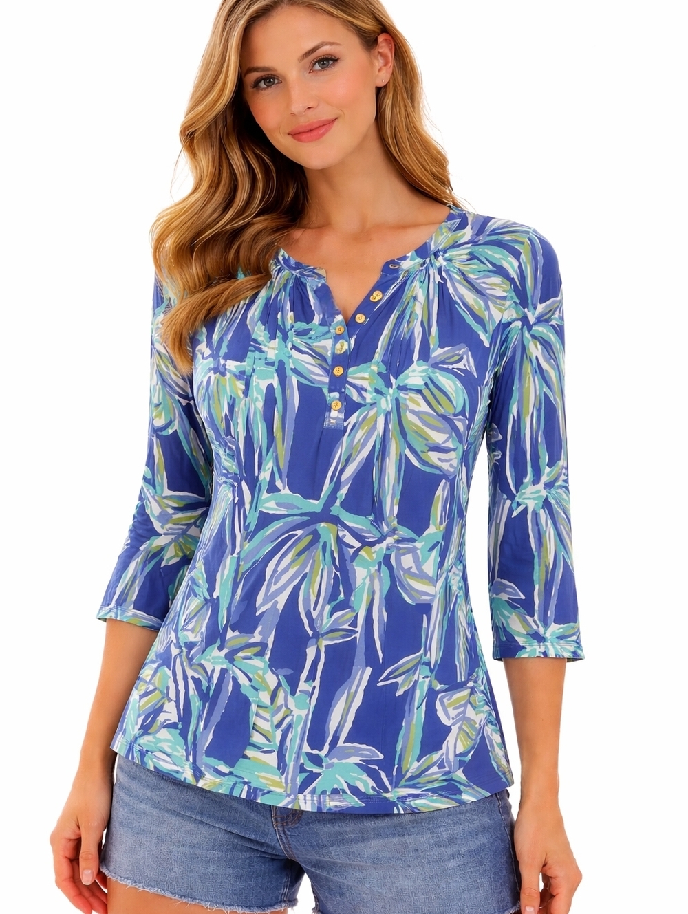 Lilly Pulitzer 3/4 Length Sleeve Shirt Blue And Green Print